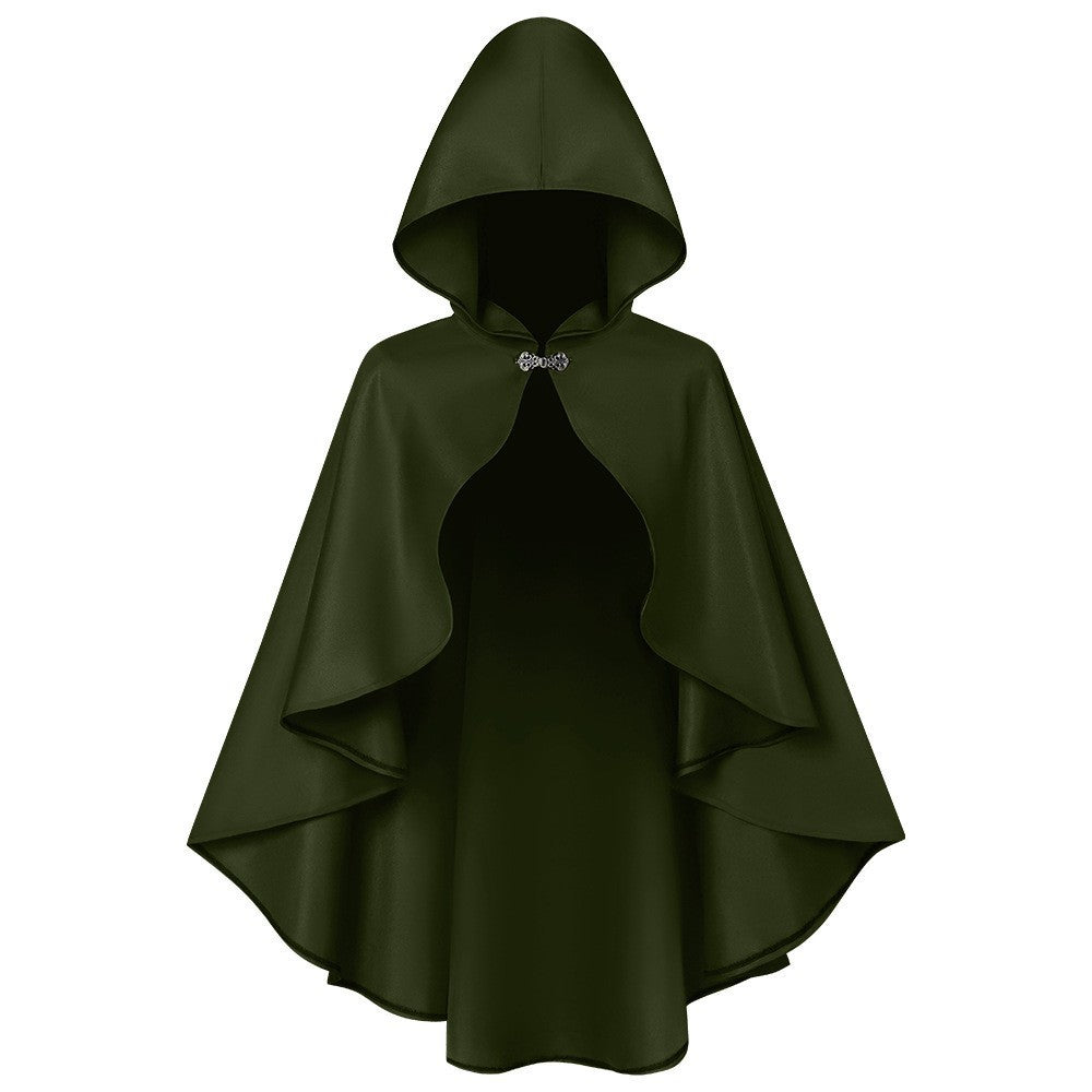 Langes Unisex-Cape mit Kapuze aus wasserabweisendem Polyester mit ausgestelltem Schnitt und Bindeband