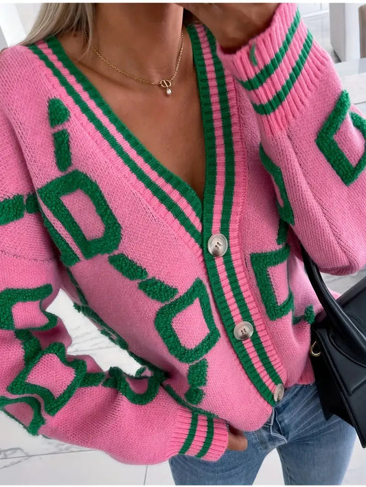 Lange Strickjacke mit V-Ausschnitt und Knopfleiste für Damen