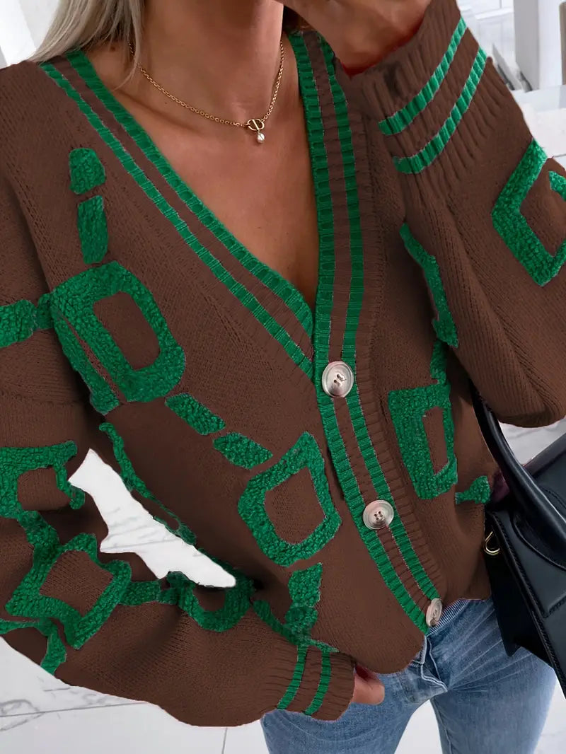Lange Strickjacke mit V-Ausschnitt und Knopfleiste für Damen