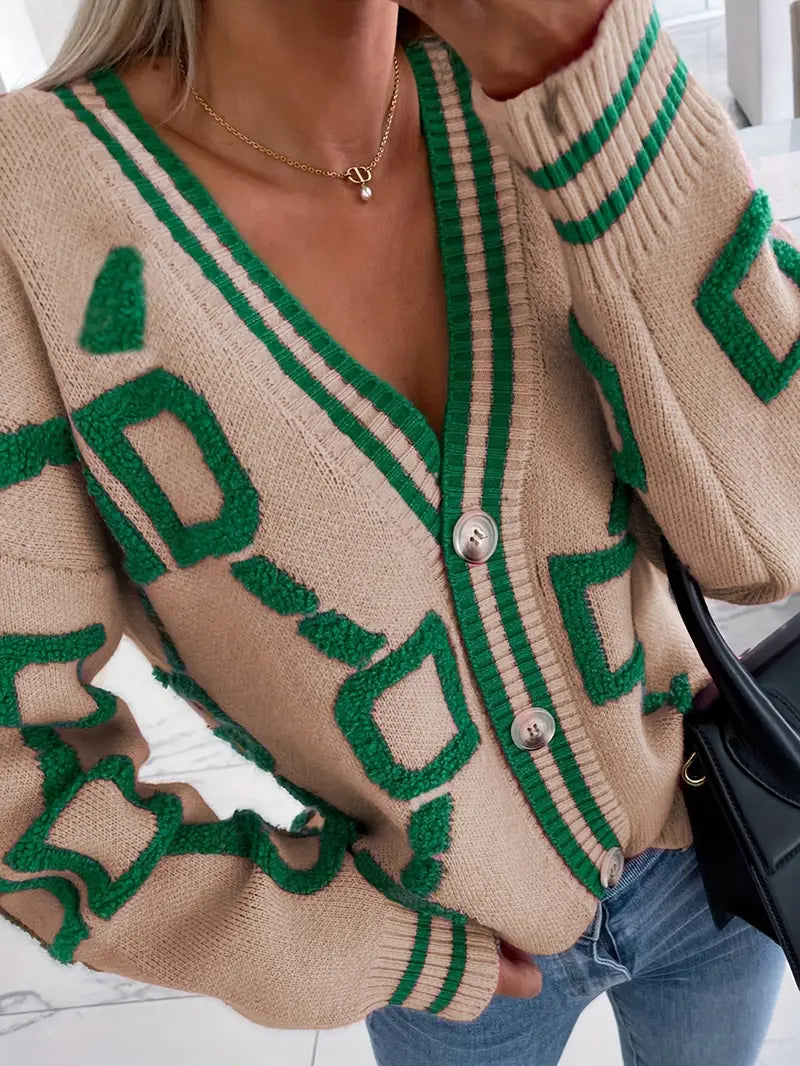 Lange Strickjacke mit V-Ausschnitt und Knopfleiste für Damen