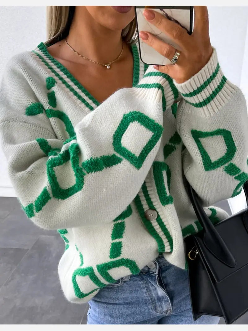 Lange Strickjacke mit V-Ausschnitt und Knopfleiste für Damen