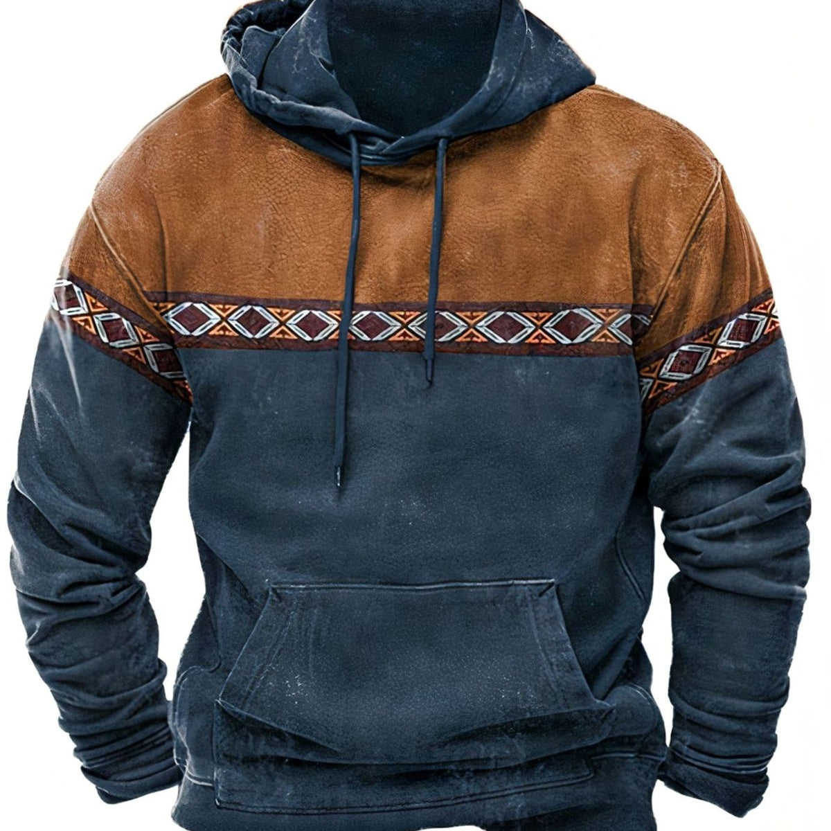 Lässiger Herren-Hoodie im Retro-Tribal-Design mit Kordelzug und Color-Block