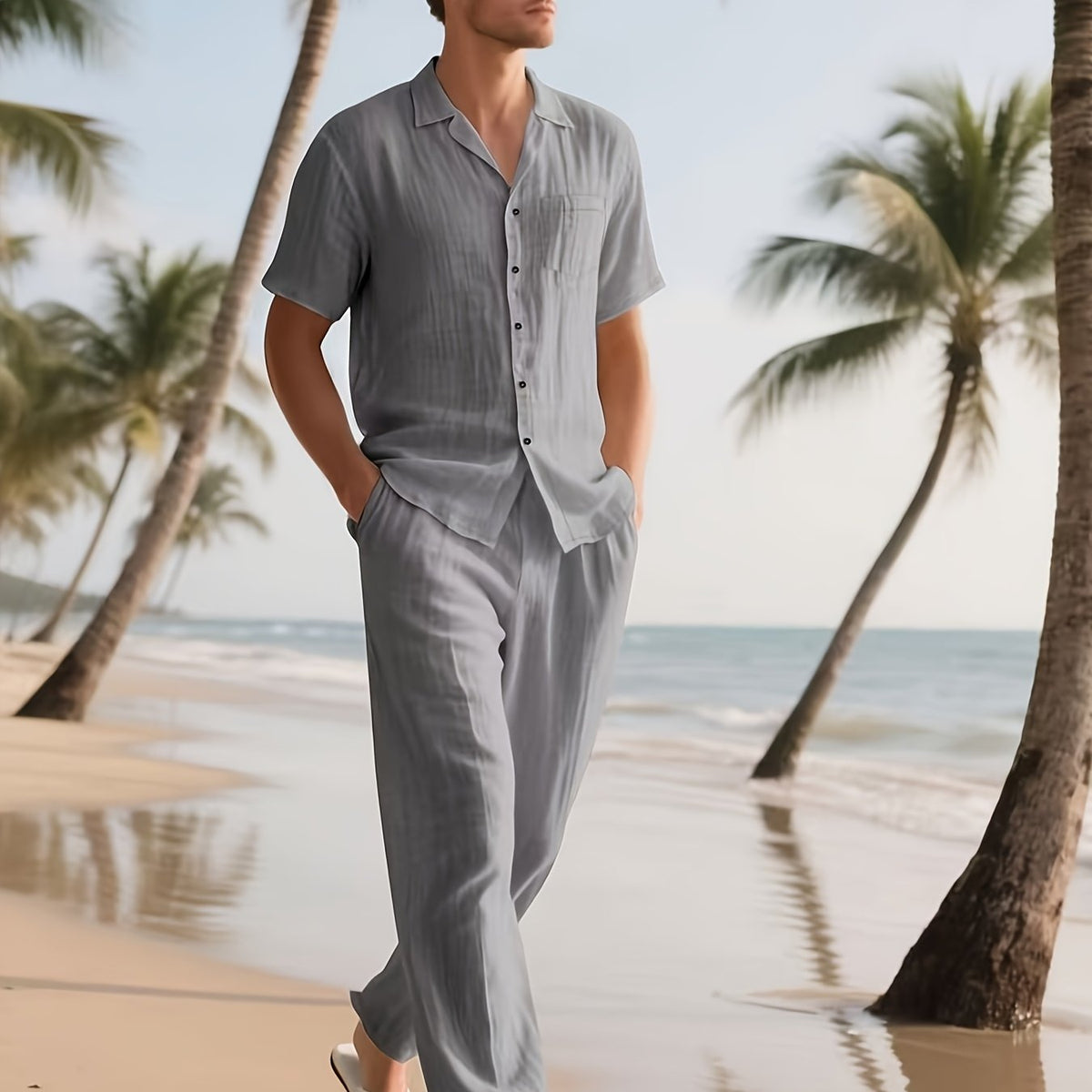 Lässiges Leinen-Set für Herren – Komfortabel und luftig mit langer Hose und Kurzarm