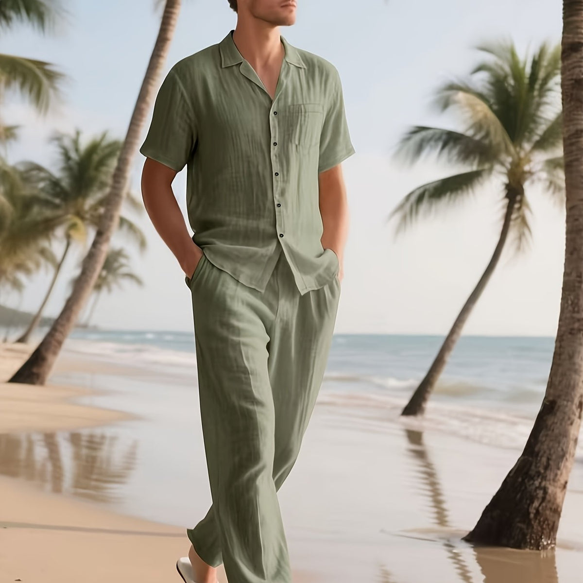 Lässiges Leinen-Set für Herren – Komfortabel und luftig mit langer Hose und Kurzarm