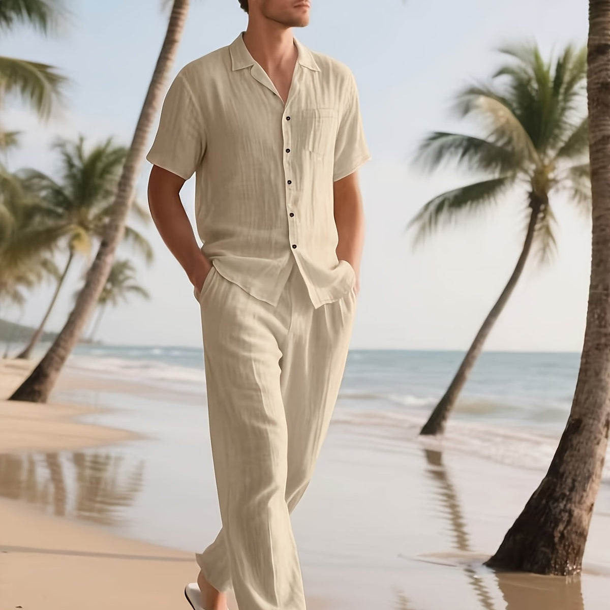 Lässiges Leinen-Set für Herren – Komfortabel und luftig mit langer Hose und Kurzarm