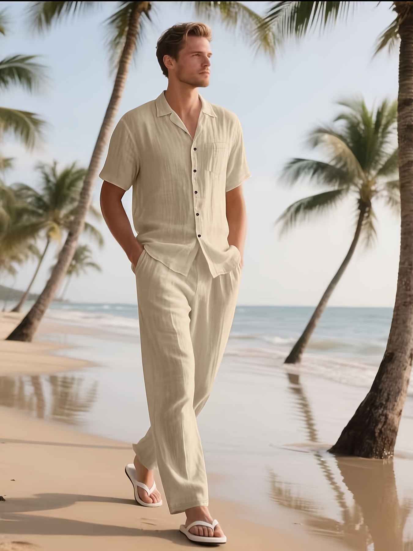 Lässiges Leinen-Set für Herren – Komfortabel und luftig mit langer Hose und Kurzarm