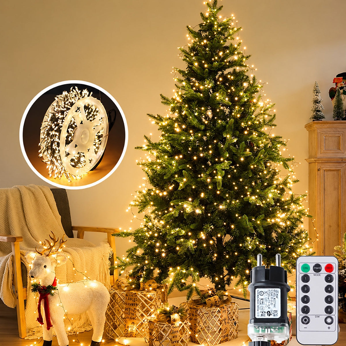 LED-Cluster-Lichterkette für den Weihnachtsbaum mit grünem Kabel und Fernbedienung