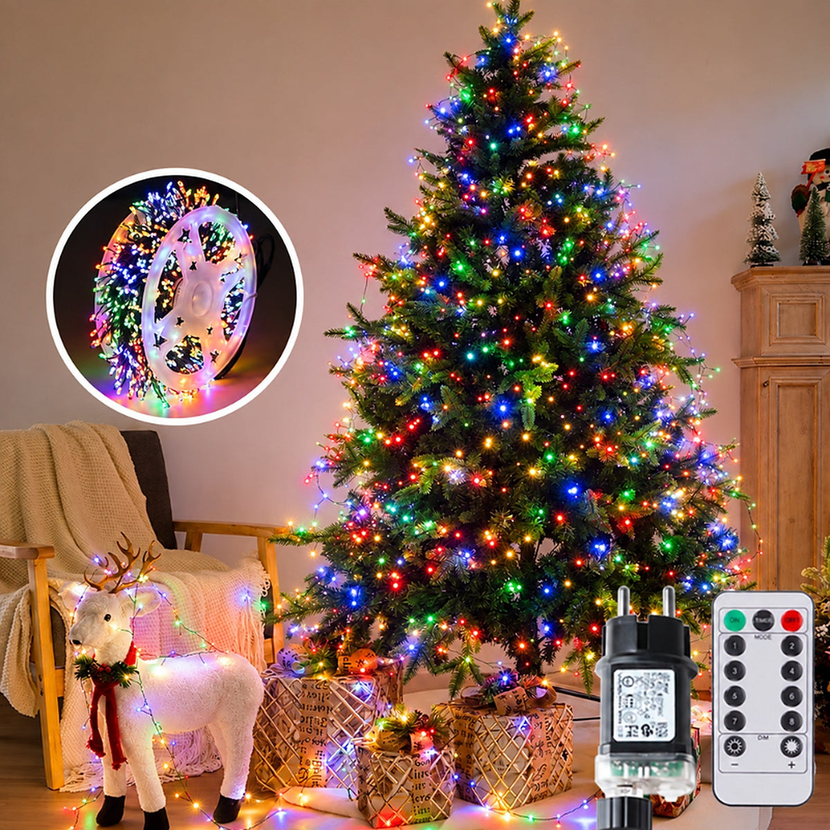 LED-Cluster-Lichterkette für den Weihnachtsbaum mit grünem Kabel und Fernbedienung