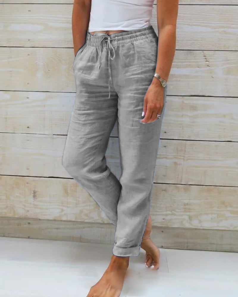 Leichte Damen-Leinen- und Baumwollhose mit Elastikbund und Kordelzug