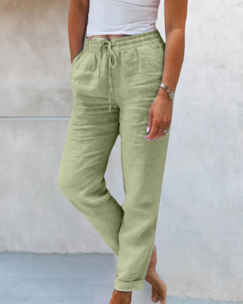Leichte Damen-Leinen- und Baumwollhose mit Elastikbund und Kordelzug