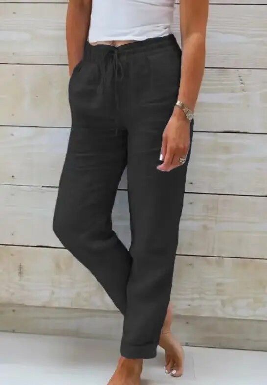 Leichte Damen-Leinen- und Baumwollhose mit Elastikbund und Kordelzug