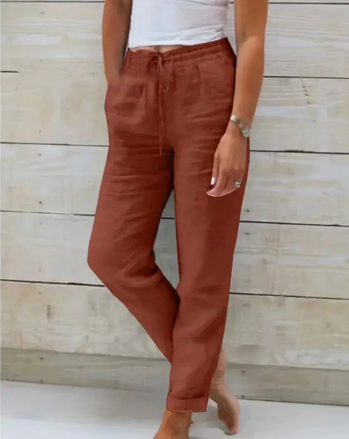 Leichte Damen-Leinen- und Baumwollhose mit Elastikbund und Kordelzug