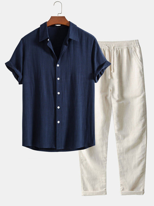 Leichtes Sommer-Set für Herren aus kurzärmeligem Hemd mit Stehkragen und Hose