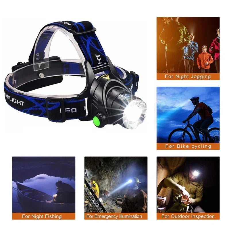 Leistungsstarke wasserdichte LED-Stirnlampe mit Zoom und aufladbarem Akku für Outdoor-Aktivitäten