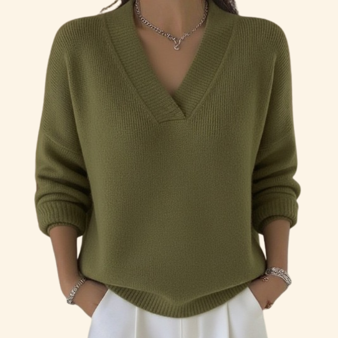 Locker geschnittener Damen-Strickpullover mit V-Ausschnitt