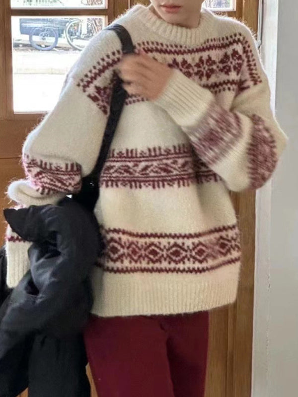 Locker geschnittener Damenpullover mit Fair-Isle-Muster