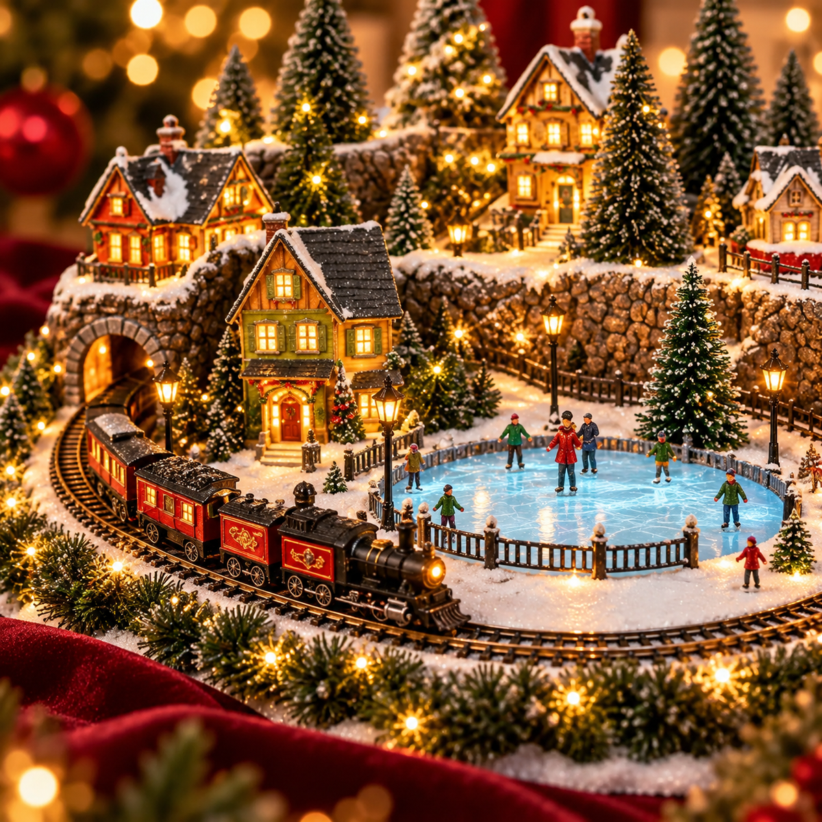 Magischer Weihnachtszug und Eisbahn