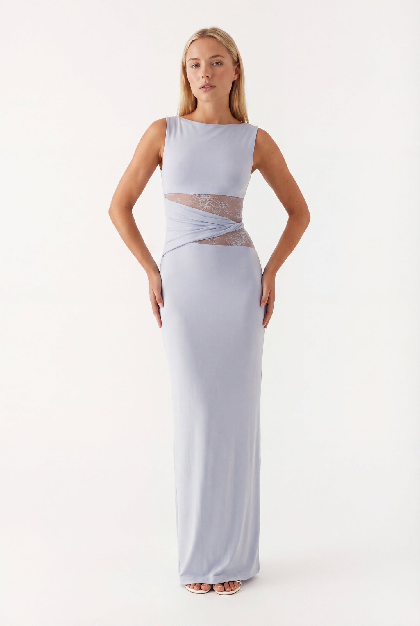Maxikleid für Damen mit Rundhalsausschnitt und Spitzentaillierung
