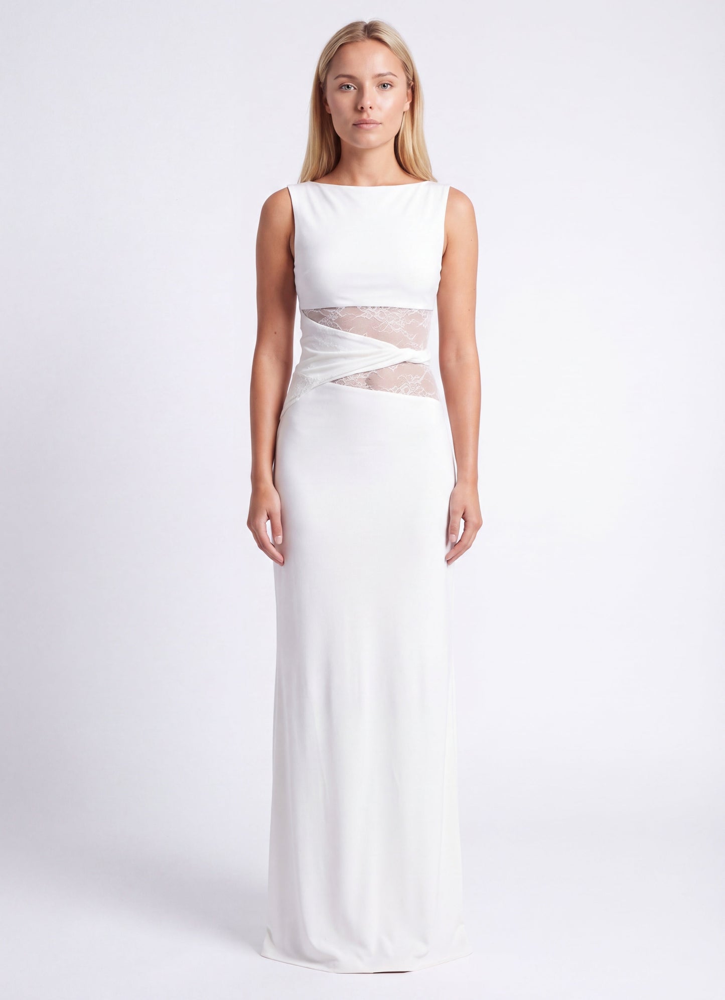 Maxikleid für Damen mit Rundhalsausschnitt und Spitzentaillierung