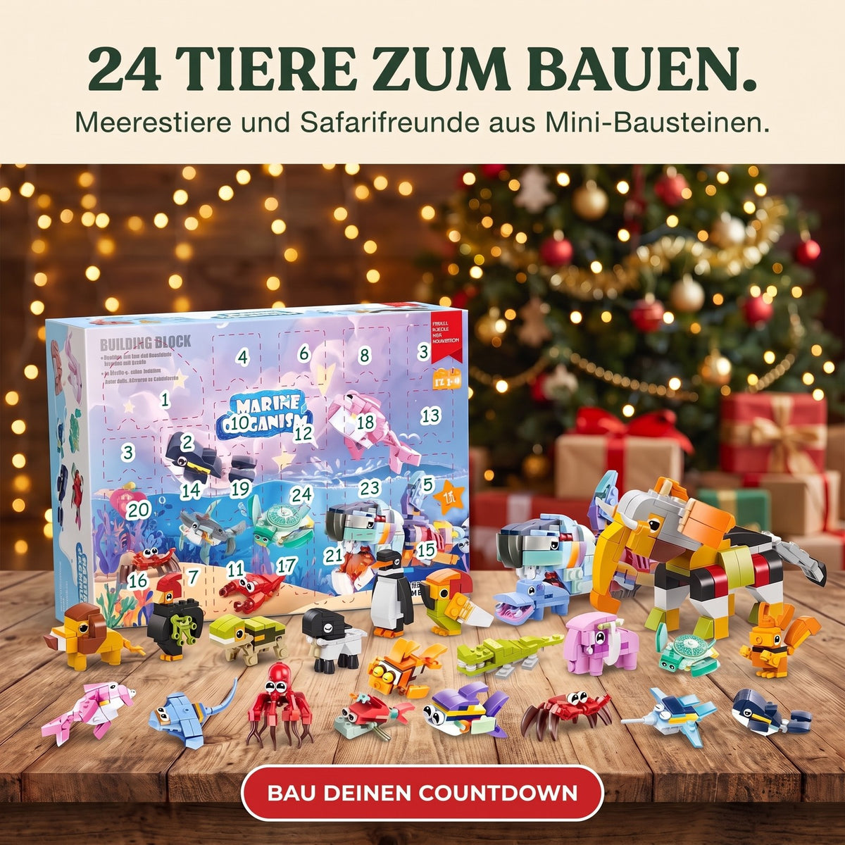 Meerestier-Adventskalender, 24 Tiere aus Bausteinen + großes Meerestier