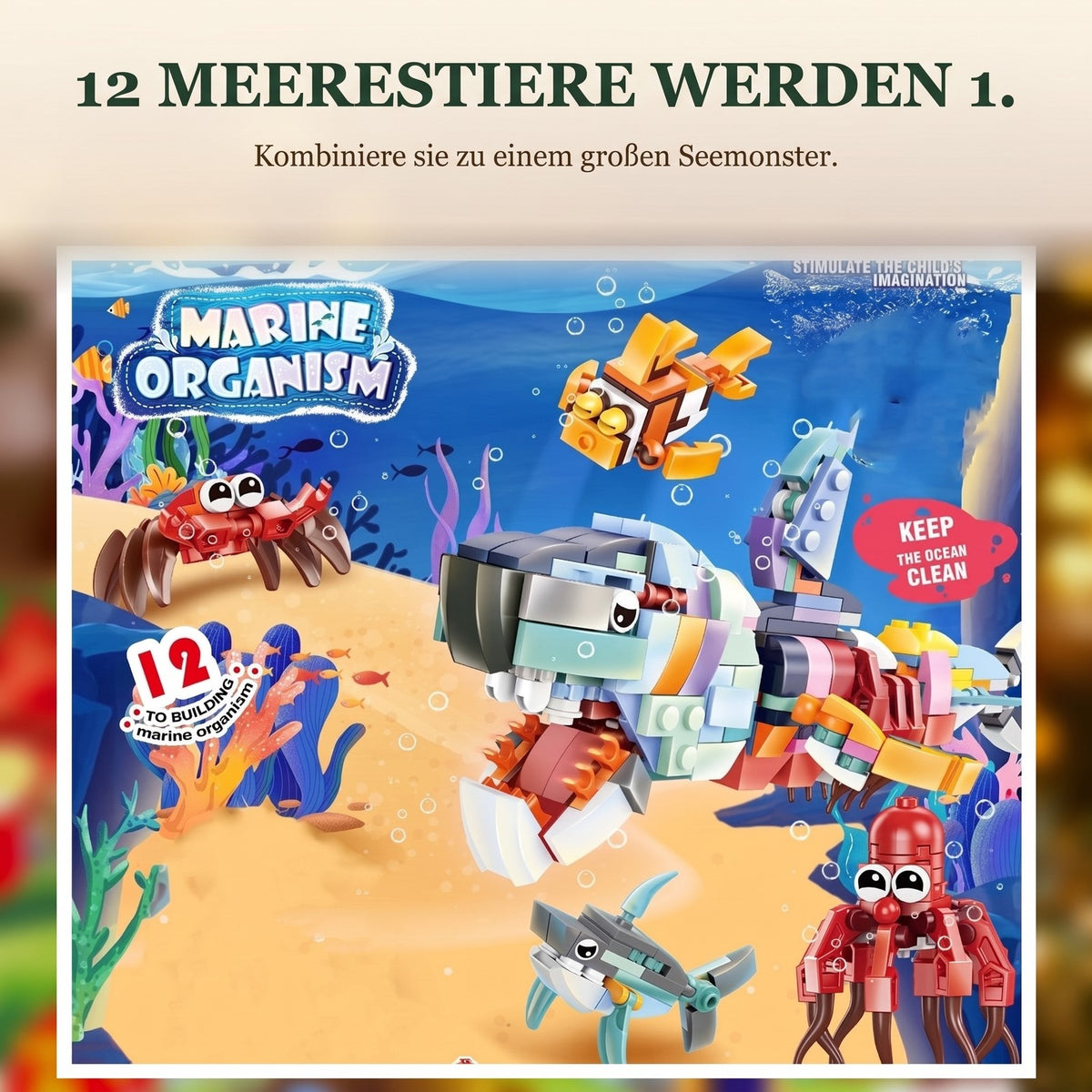 Meerestier-Adventskalender, 24 Tiere aus Bausteinen + großes Meerestier