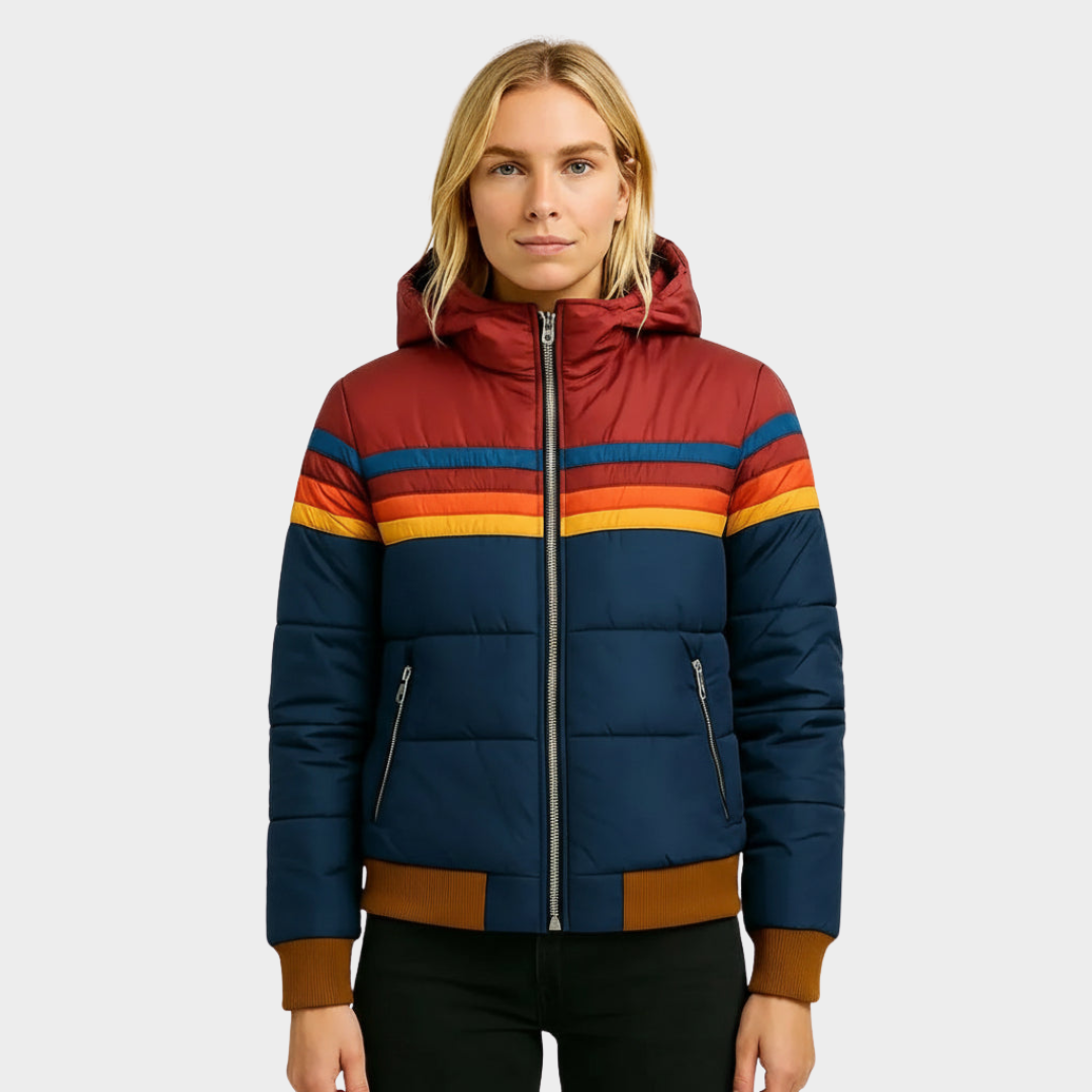Mehrfarbige Retro-Pufferjacke für Damen