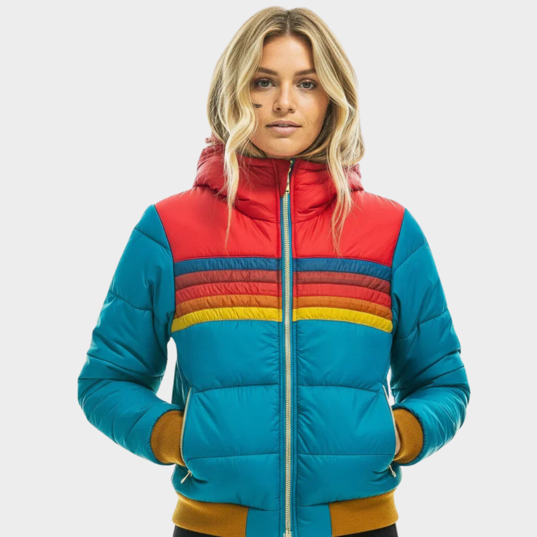 Mehrfarbige Retro-Pufferjacke für Damen