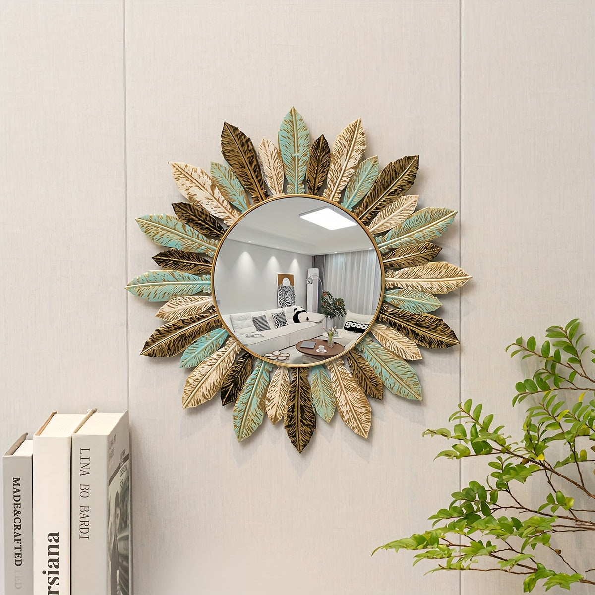 Metall-Wandspiegel im Boho-Stil mit Blätter-Design in Blaugrün und Gold