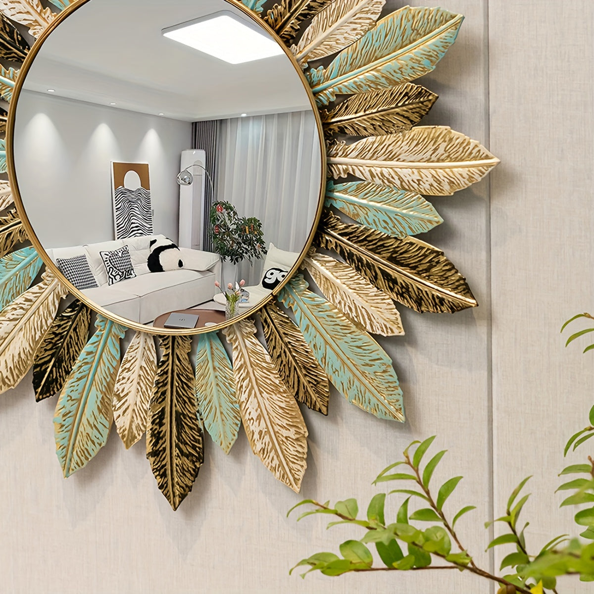 Metall-Wandspiegel im Boho-Stil mit Blätter-Design in Blaugrün und Gold