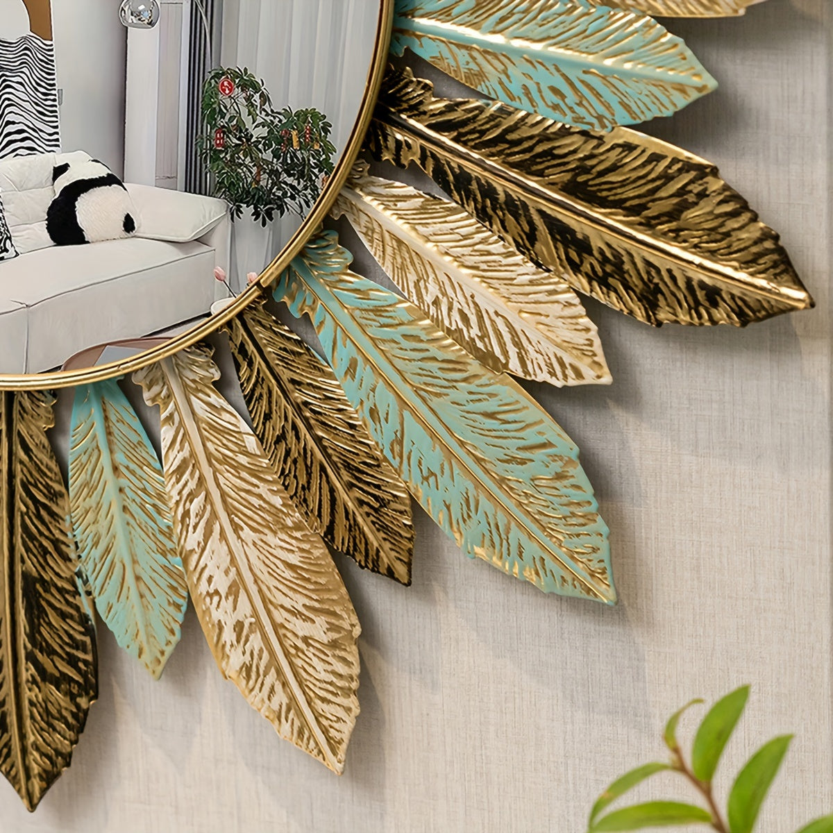 Metall-Wandspiegel im Boho-Stil mit Blätter-Design in Blaugrün und Gold