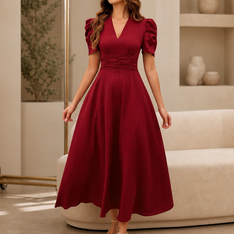 Midikleid mit V-Ausschnitt, Puffärmeln und geraffter Taille