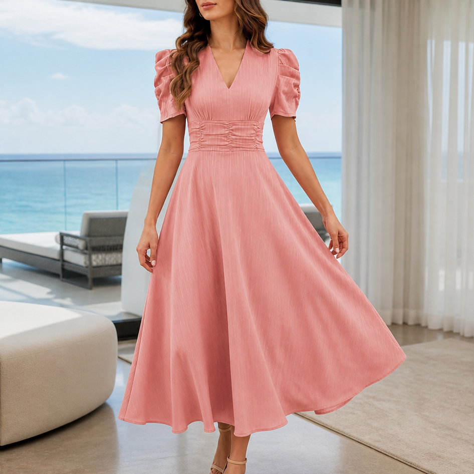 Midikleid mit V-Ausschnitt, Puffärmeln und geraffter Taille