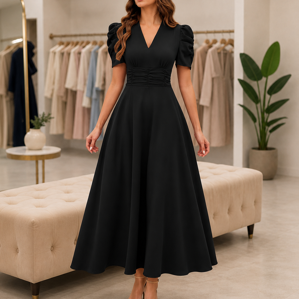 Midikleid mit V-Ausschnitt, Puffärmeln und geraffter Taille