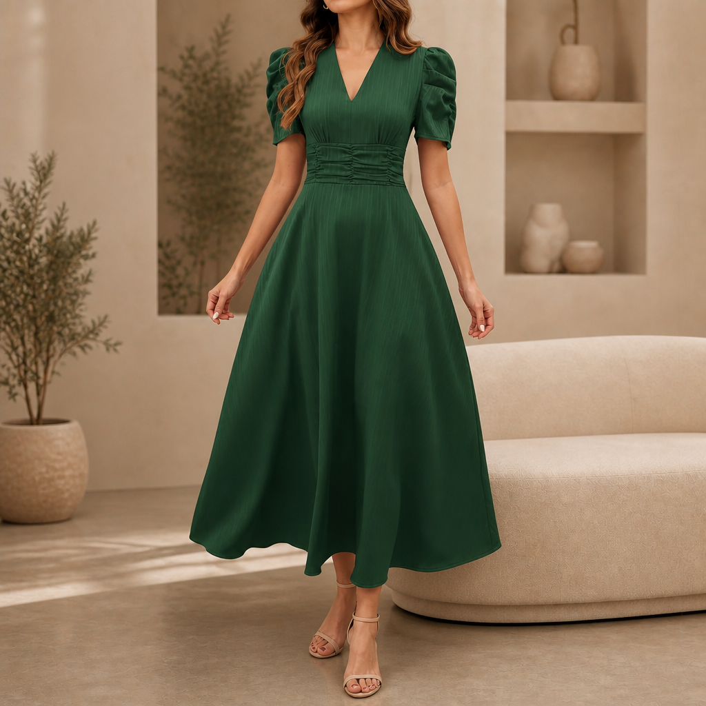 Midikleid mit V-Ausschnitt, Puffärmeln und geraffter Taille