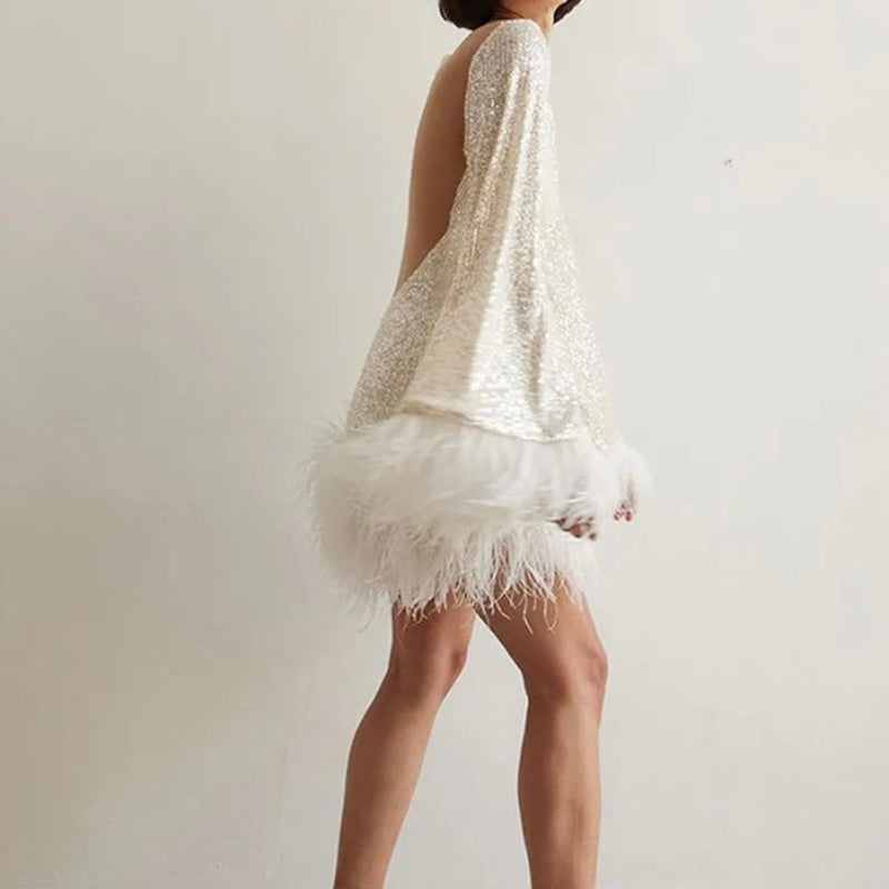 Sequin Mini Dress with Feather Trim