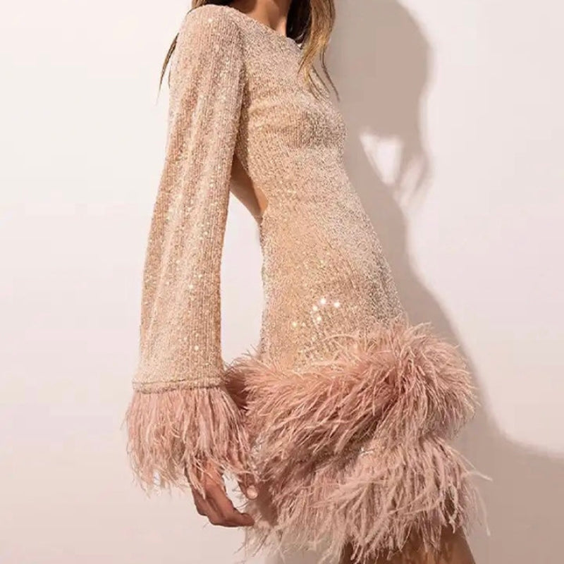 Sequin Mini Dress with Feather Trim
