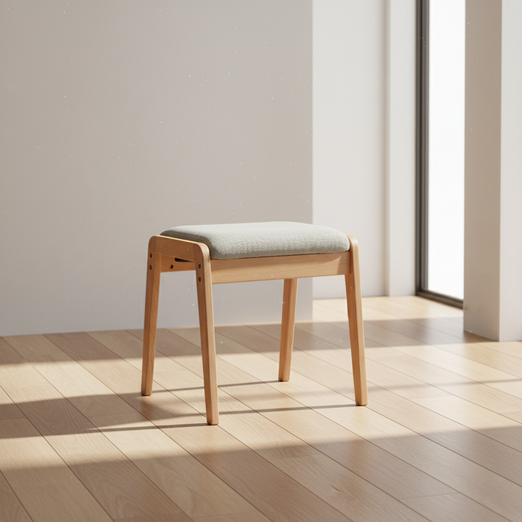 Moderner minimalistischer rechteckiger Schminktischhocker aus Massivholz und Leinen fürs Schlafzimmer