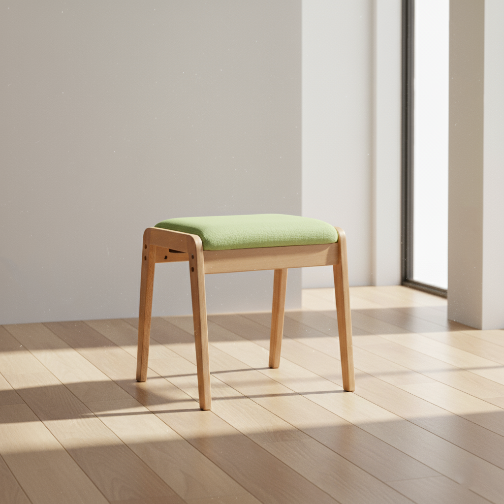 Moderner minimalistischer rechteckiger Schminktischhocker aus Massivholz und Leinen fürs Schlafzimmer