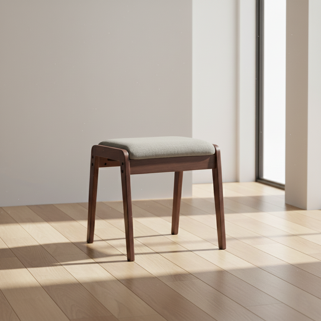 Moderner minimalistischer rechteckiger Schminktischhocker aus Massivholz und Leinen fürs Schlafzimmer
