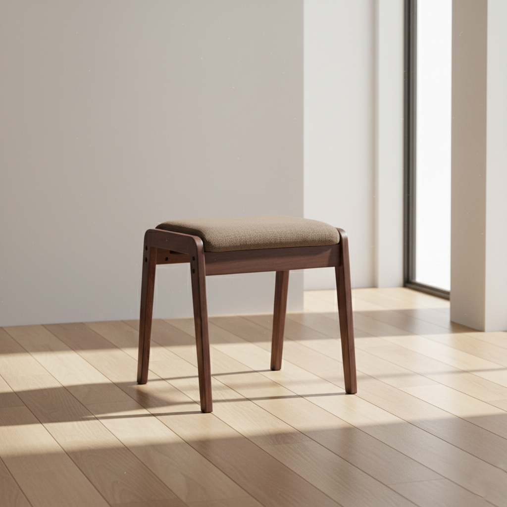 Moderner minimalistischer rechteckiger Schminktischhocker aus Massivholz und Leinen fürs Schlafzimmer