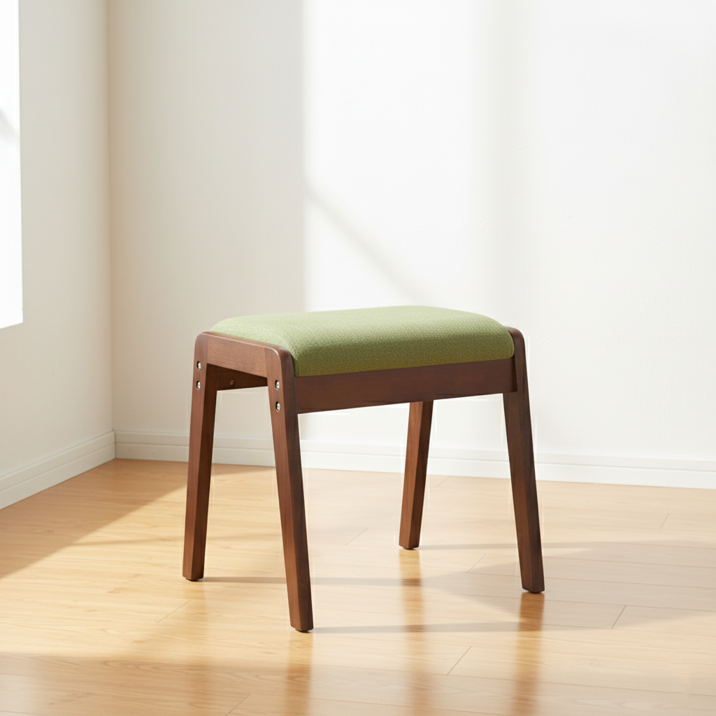Moderner minimalistischer rechteckiger Schminktischhocker aus Massivholz und Leinen fürs Schlafzimmer