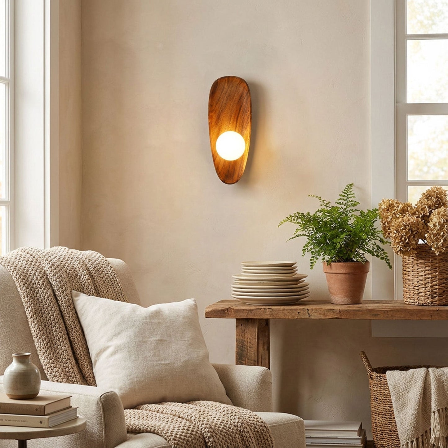 Nordisch-minimalistische LED-Wandleuchte mit Naturholz-Akzent