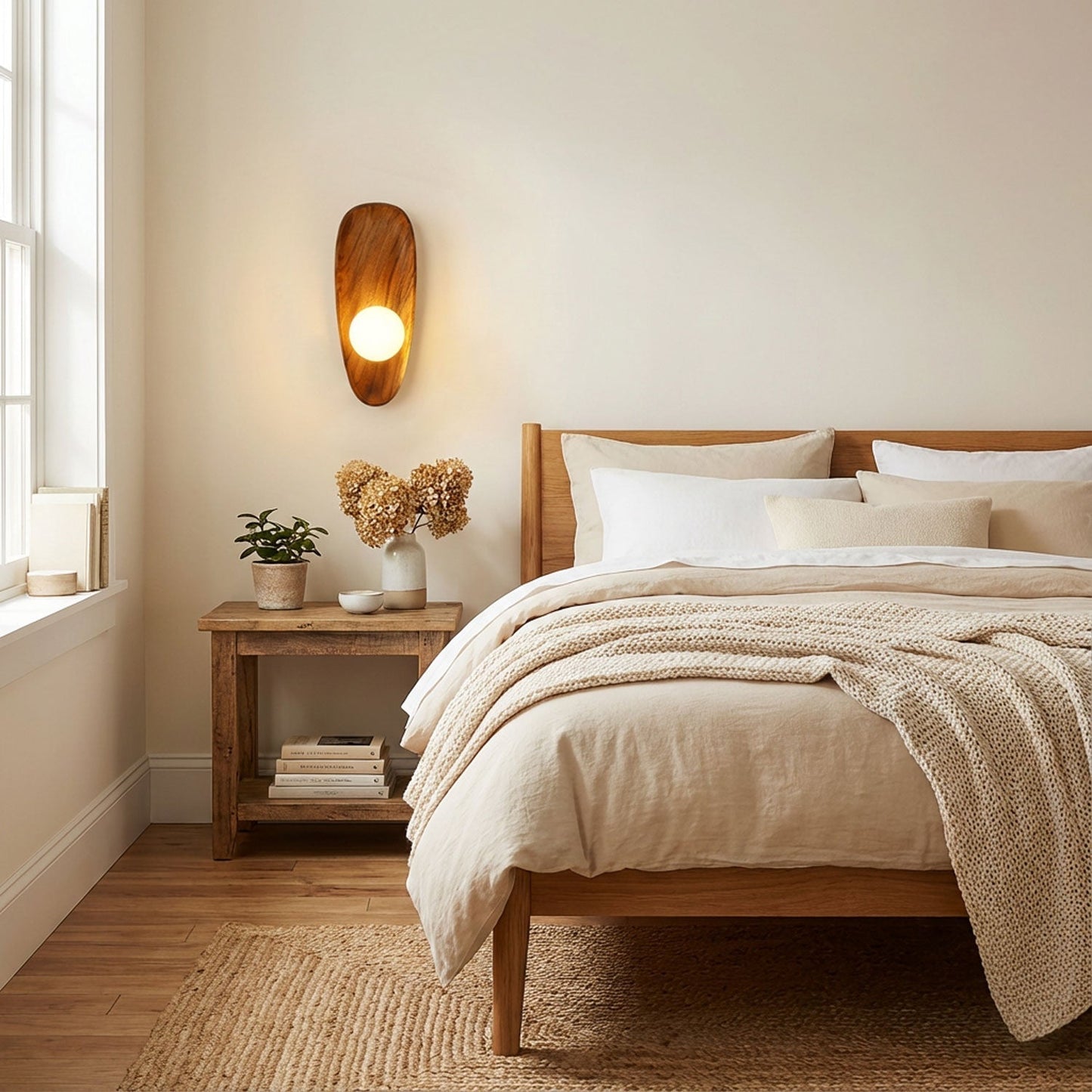 Nordisch-minimalistische LED-Wandleuchte mit Naturholz-Akzent