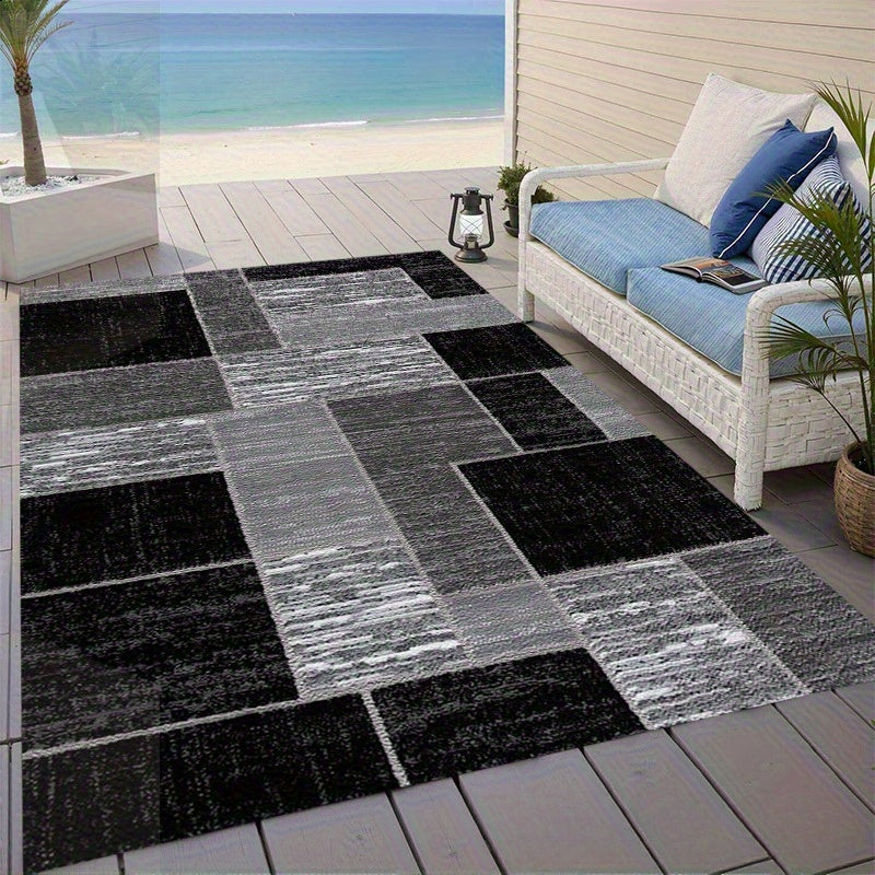 Outdoor-Teppich Coastal Grid | Moderner Terrassenteppich in Schwarz und Grau