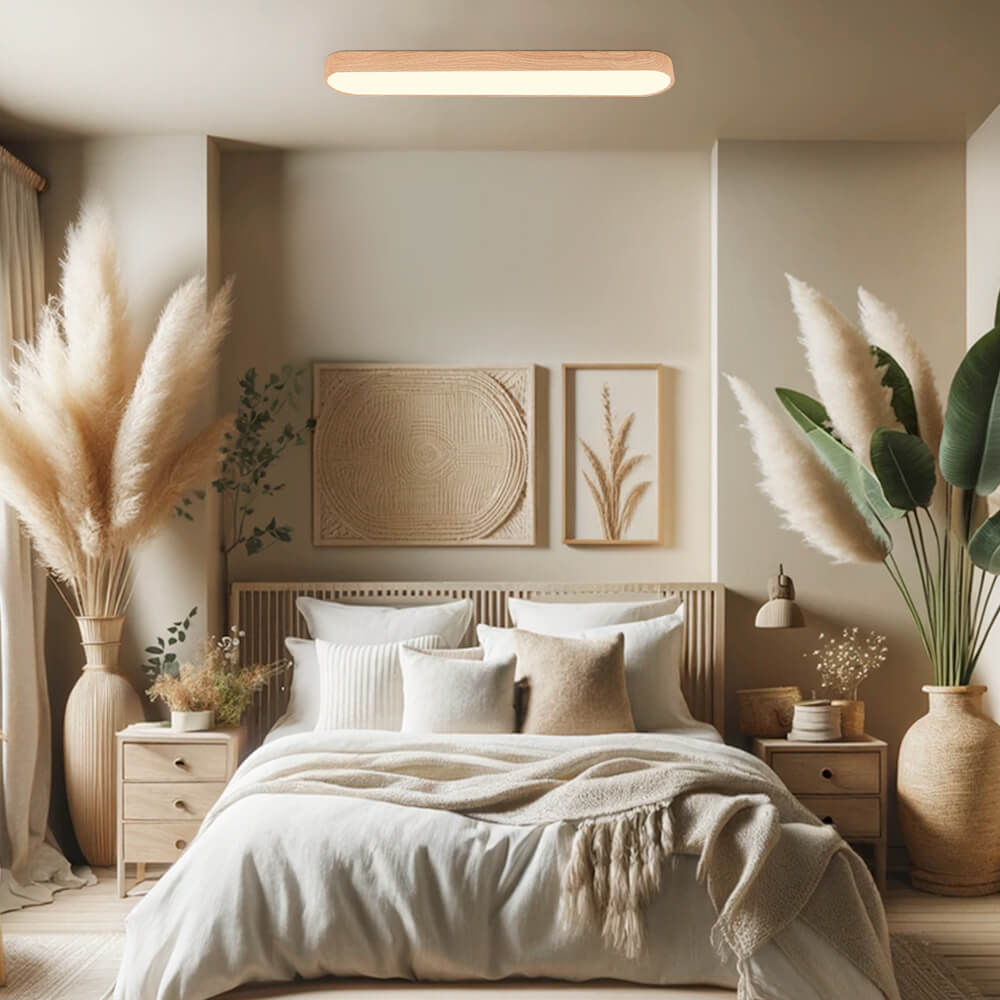 Ovale LED-Deckenleuchte in Holzoptik, Metallrahmen, 65–90 cm, warmweiß oder kaltweiß