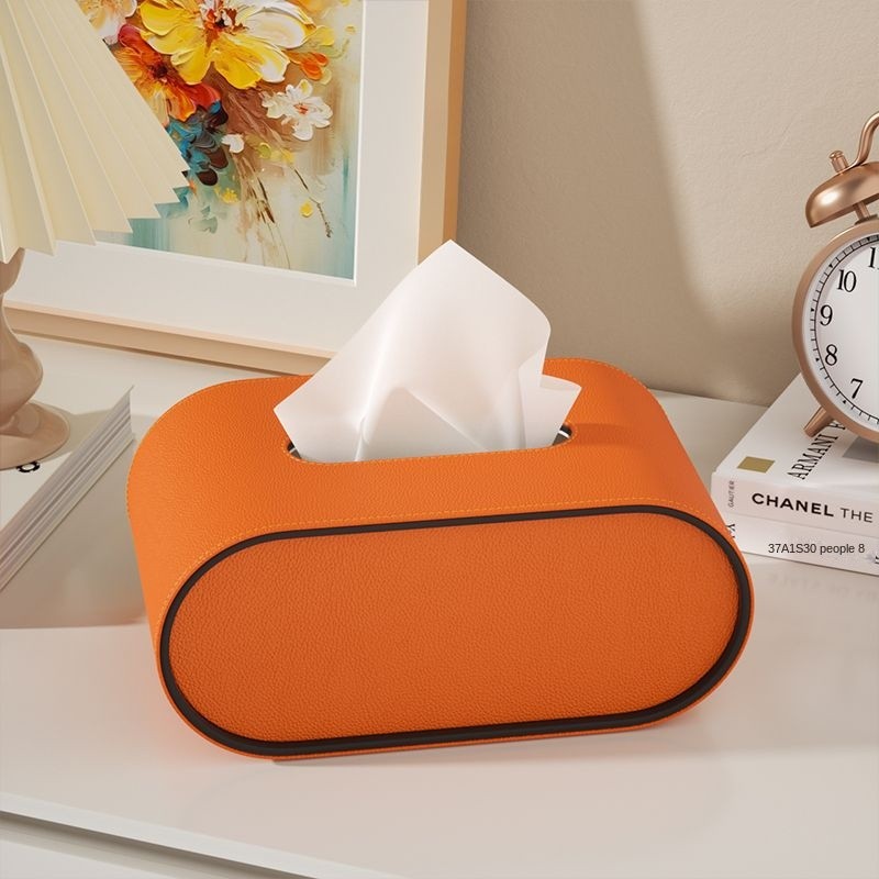 Ovale Taschentuchbox aus orangefarbenem Leder, Taschentuchhalter für Schreibtisch und Wohnzimmer, luxuriöse moderne Deko