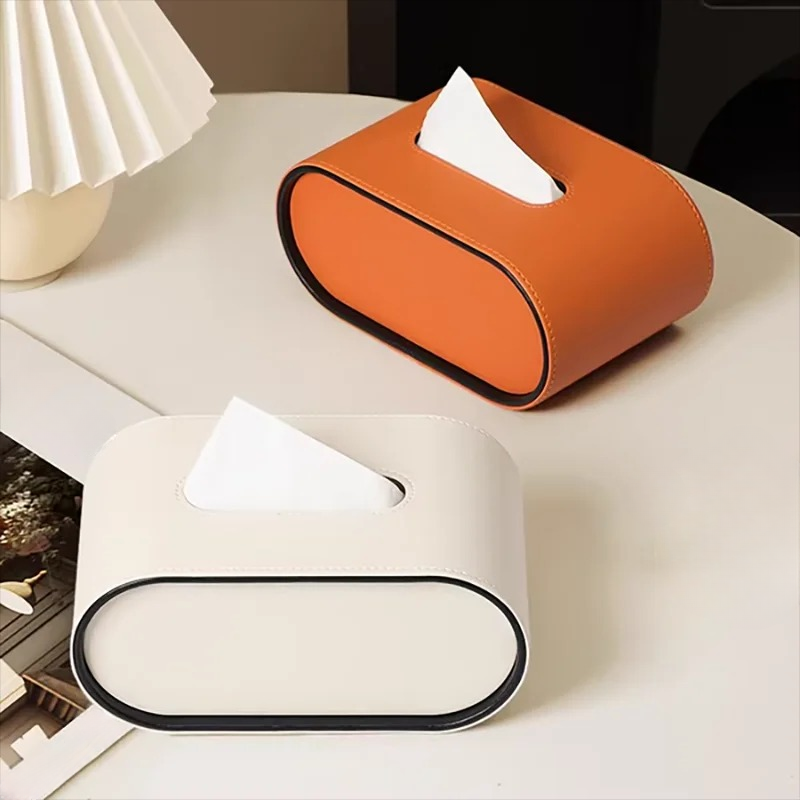 Ovale Taschentuchbox aus orangefarbenem Leder, Taschentuchhalter für Schreibtisch und Wohnzimmer, luxuriöse moderne Deko