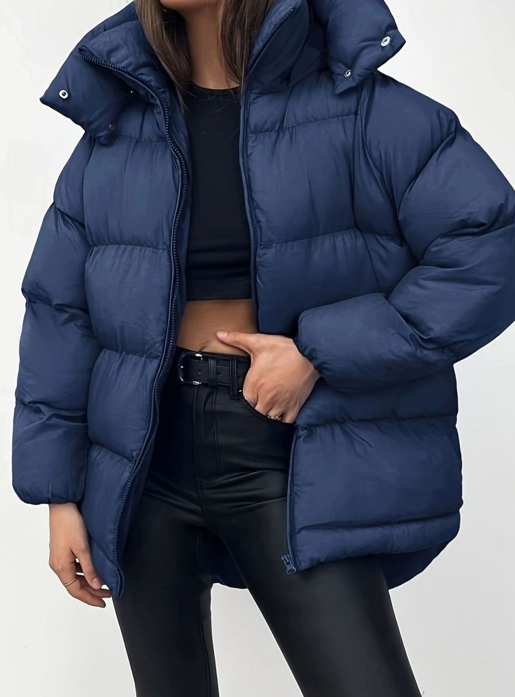 Oversized Damen-Pufferjacke mit Stehkragen und Reißverschluss