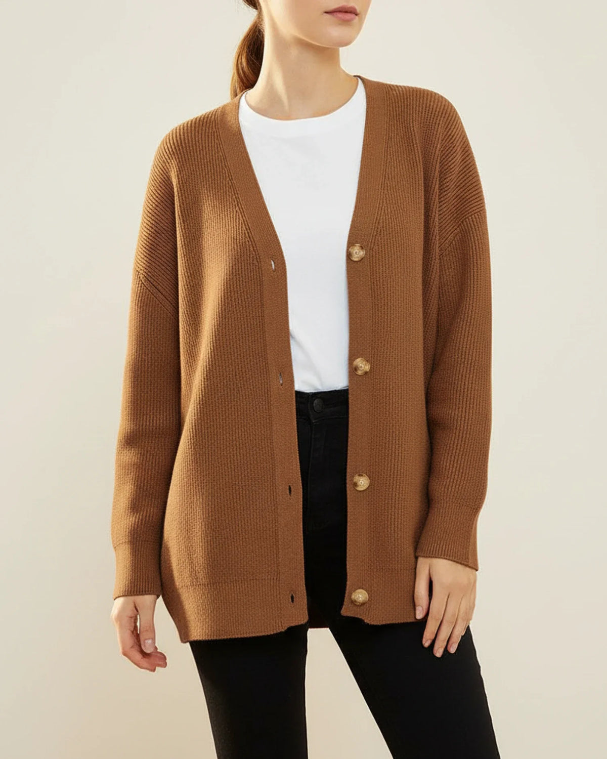 Oversized Damen-Strickjacke mit V-Ausschnitt und Knöpfen