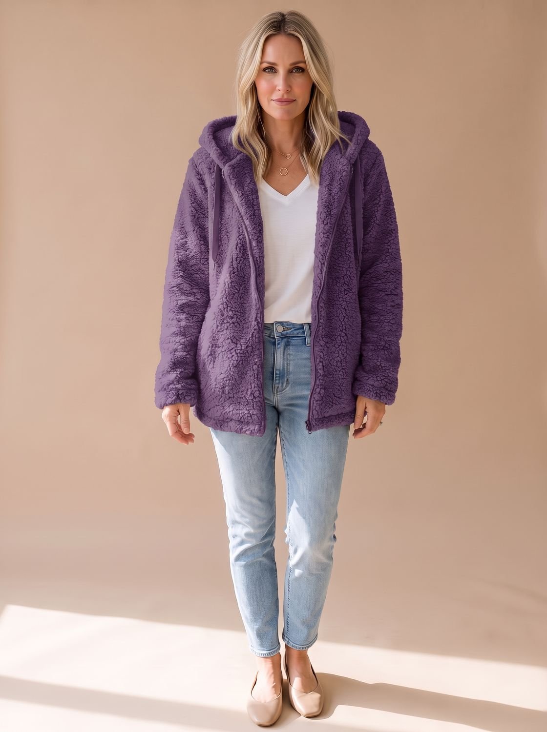Oversized Teddyfleece-Damenjacke mit Kapuze und Reißverschluss